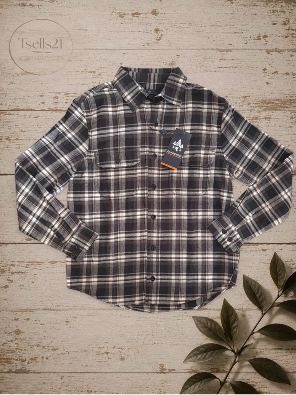 NWT Rainforest Men’s Black & Gray 100% Cotton Plaid Flannel Shirt - Size S
